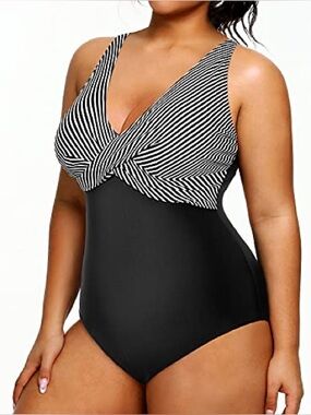 Yonique plus size Slimming Tummy Control Bathing Suits Black Stripe 22W